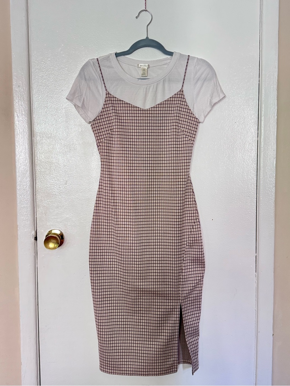 Checked Midi Slip Dress with Side Slit - Tan and Brown